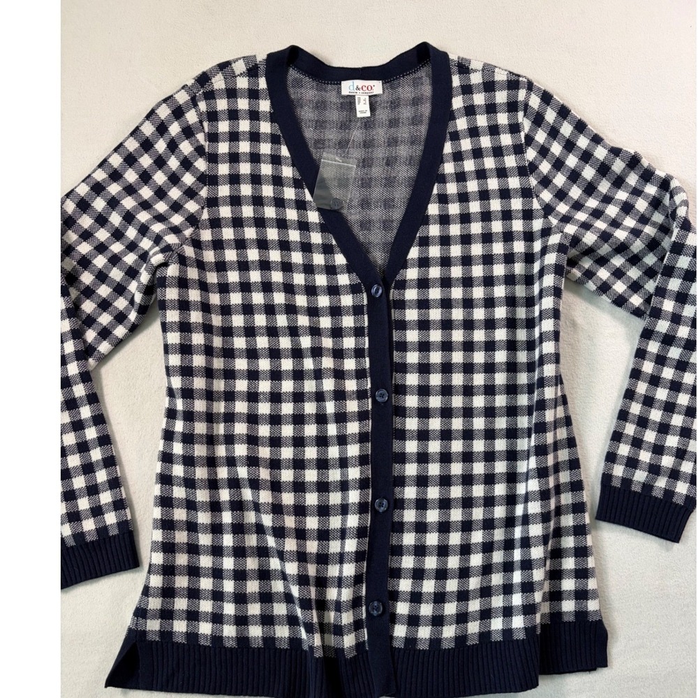 Denim & Co Navy Gingham Button Front Cardigan Sweater Preppy Minimalist Large
